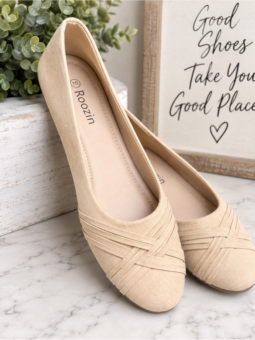 Roozin Size 10 Nude Beige Crisscross Ballet Flats
